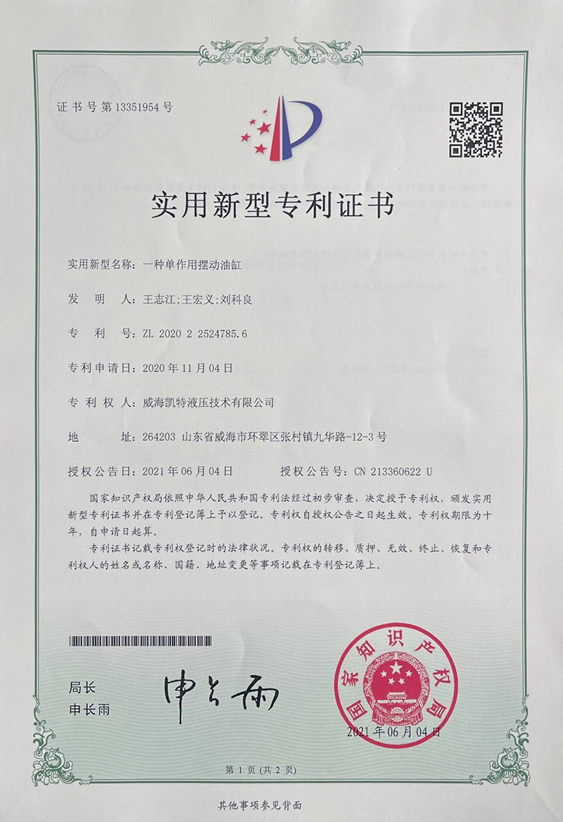 一種單作用擺動油缸-實用新型專利